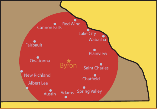 Service area map showing locations within approximately 45 miles of Byron, Minnesota